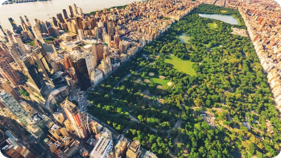 Aerial view of Manhattan looking north up Central Park. 