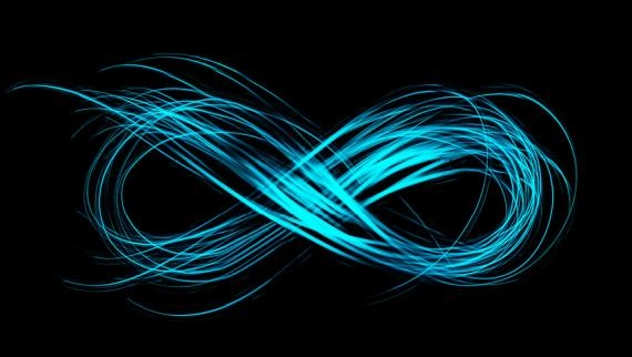 The infinity symbol in electric blue on a black background